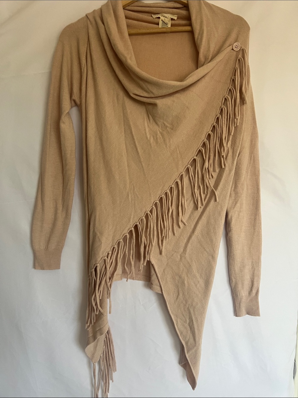 lovestitch Beige Asymmetric Fringe Cowl Neck Sweater